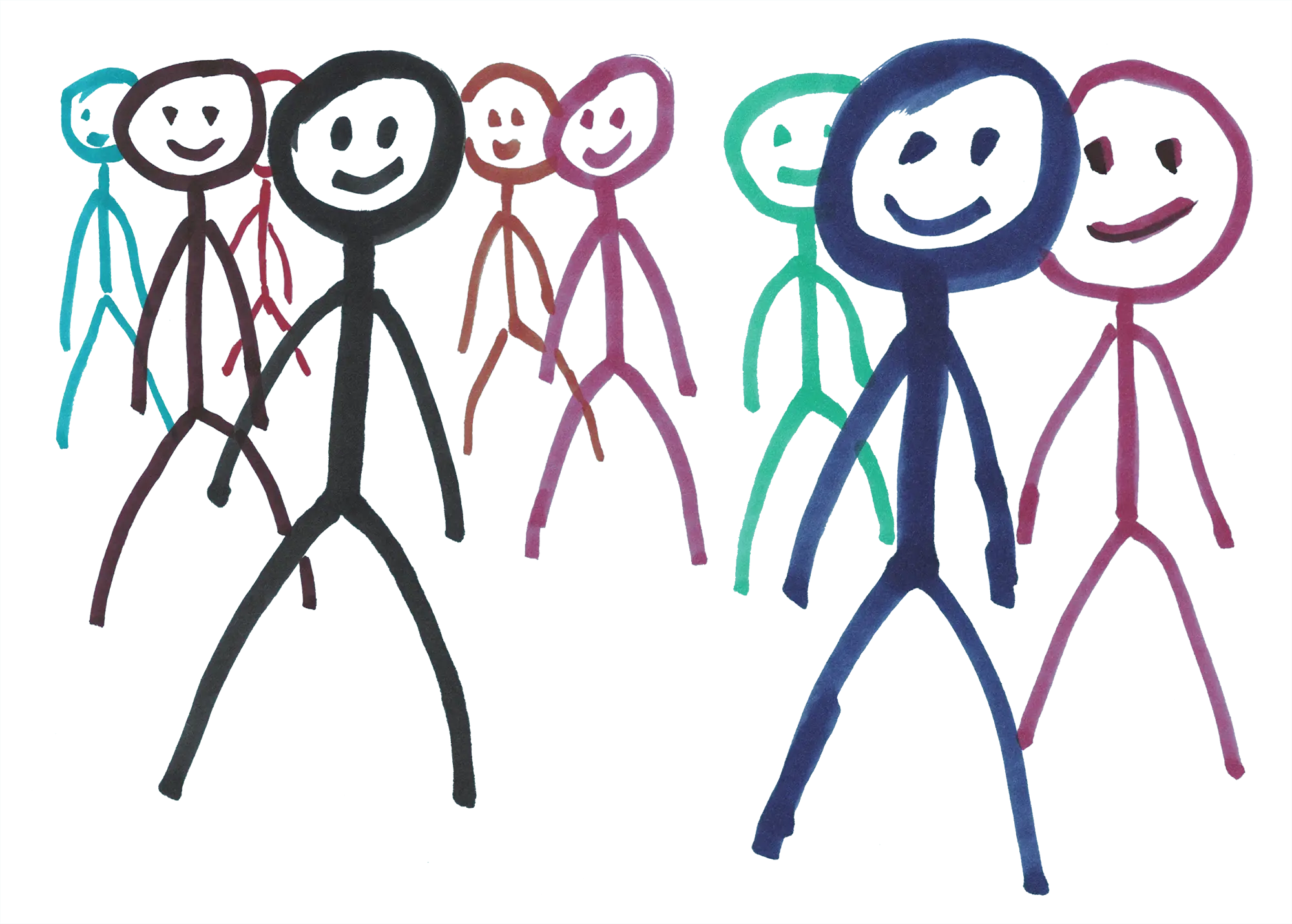 Multi-colored stick figures drawn with a marker